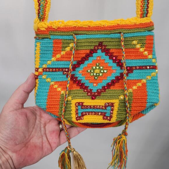 NWT ileganza Boho Colorful Rhinestone Crochet Drawstring Mini Purse OS - Picture 1 of 9